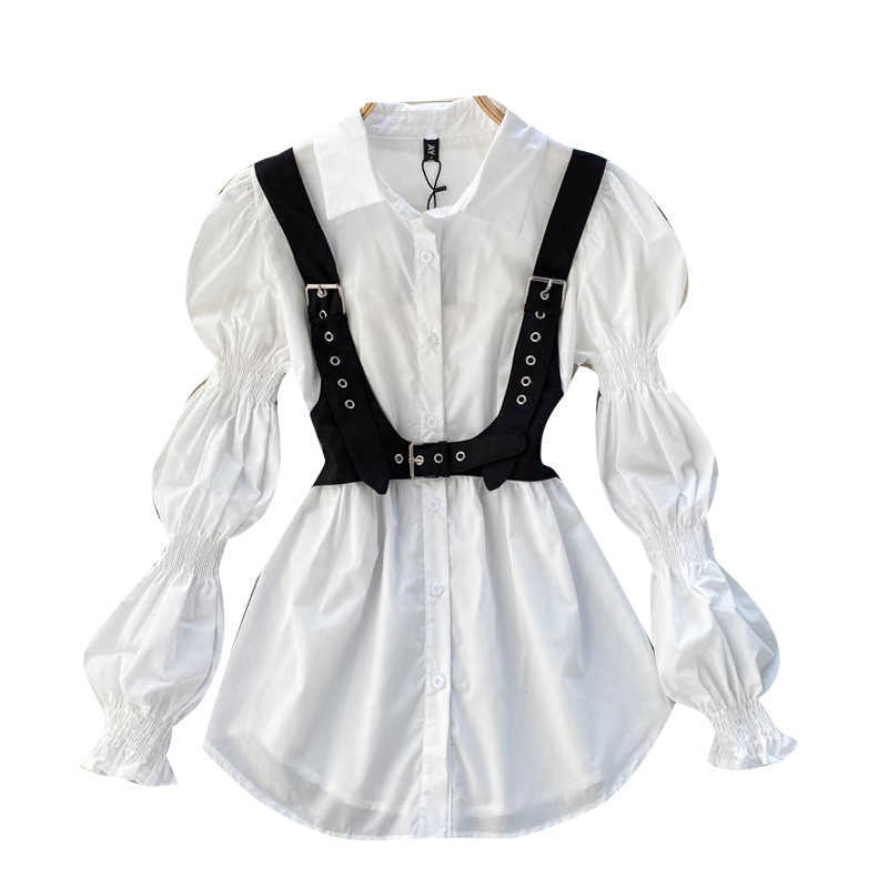 Chic Women Fashion White Long Sleeve Lapel Shirt + High Waist Vest Two-piece Sets R653 210527