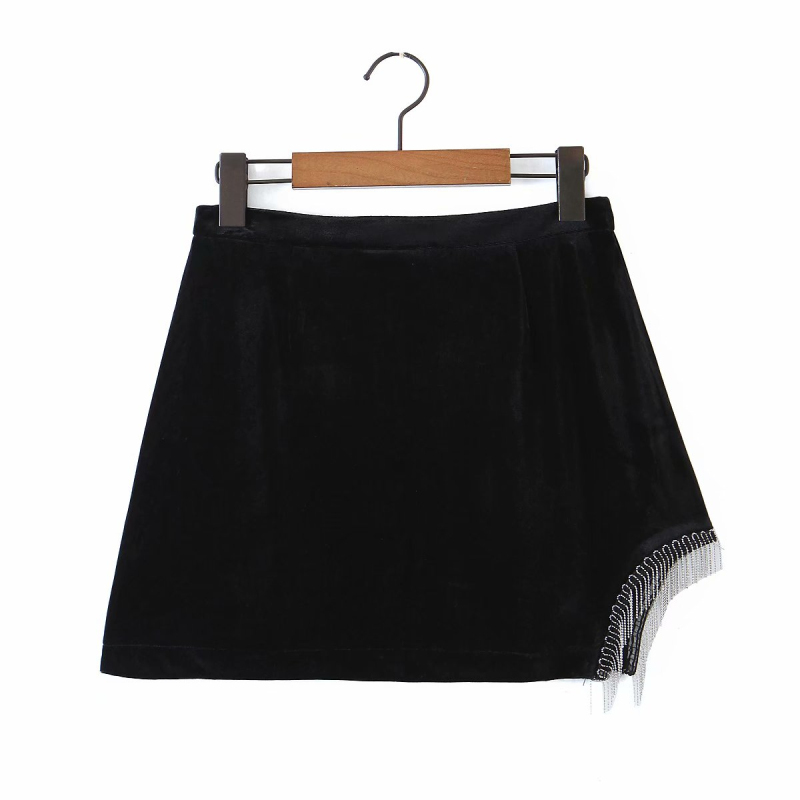 Sexy Woman Black Velet Beading Patchwork Mini Skirt Spring Fashion Soft Irregular Female Chic Streetwear s 210515