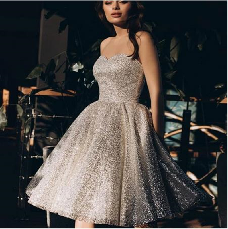 Glitter Short Prom Dresses Sequined Sweetheart Ruffle Evening Gowns Party Celebrity Dress Knee Length Sleeveless Special Occasion Wear Homecoming Grad