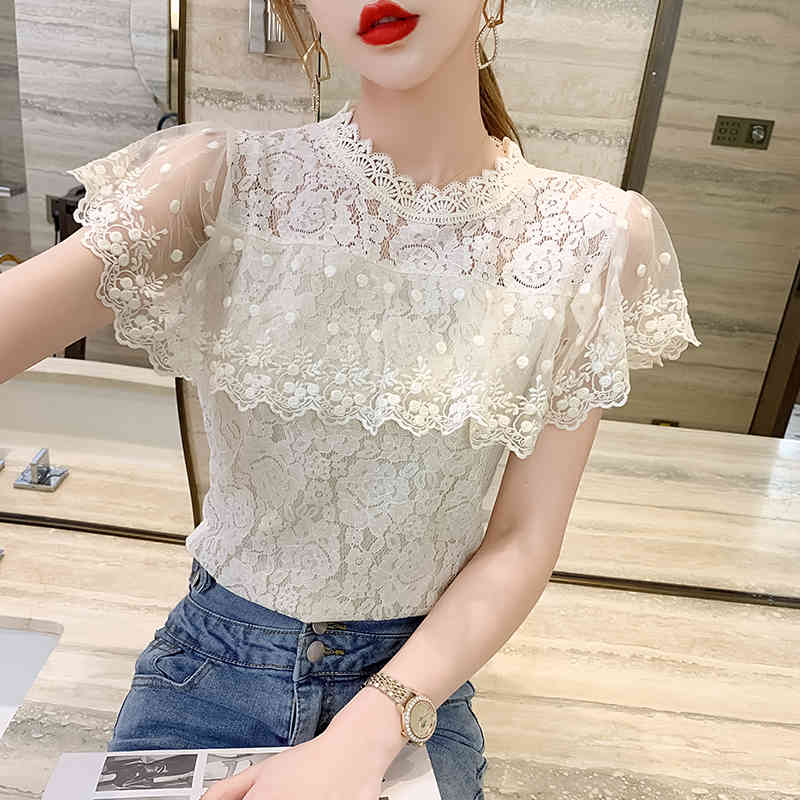 Blusas Mujer De Moda Blouse For Women White Blouse Ruffles Hollow Lace Blouse Short Top For Women White Shirts 210515