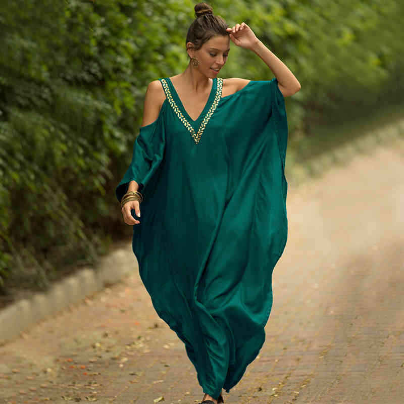 Sexy Cold Shoulder V Neck Bats Sleeve Loose Summer Beach Dress Plus Size Women Beachwear Kaftan Black Cotton Dress Q943 210409