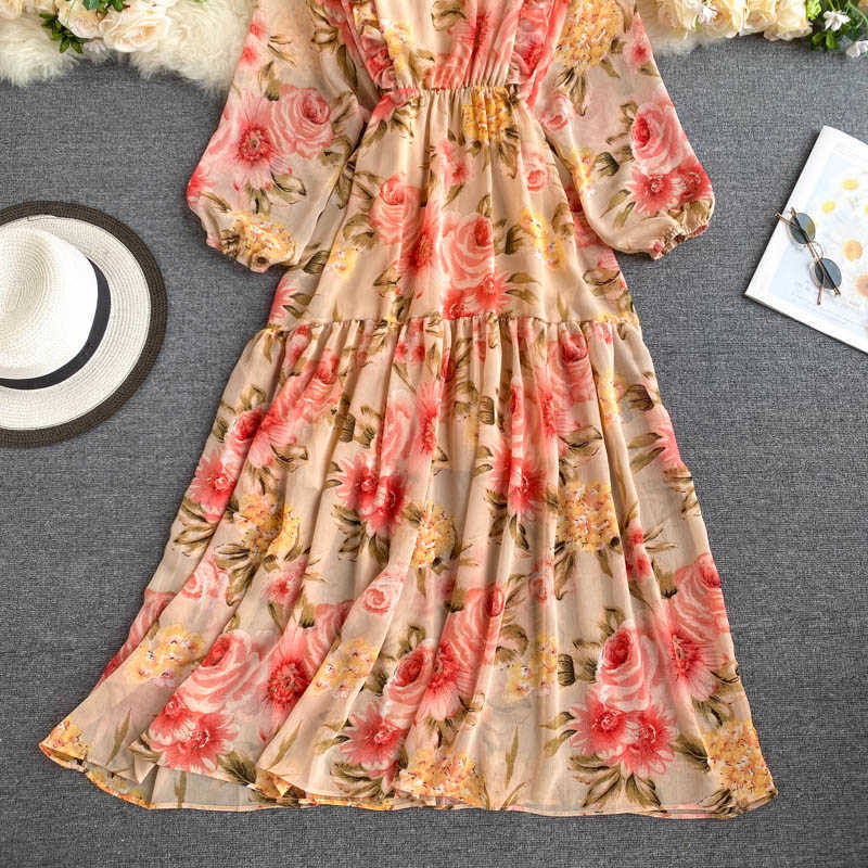 LY VAREY LIN Autumn Women Elegant Floral Print Dresses Puff Sleeve O Neck High Waist Ruffled Hem A Line Loose 210526