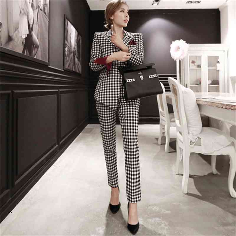 Fashion Business Pant Suits Formal women Plaid single-breasted Jacket and Long Blazer Set Women Office OL 2 Pieces Suit 210519