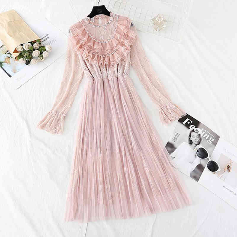 High Quality Lace Dress Women Spring Summer Sweet Ruffles Pleated Dress Elegant Lady Mesh Party Dress Mid-calf Vestidos 210521