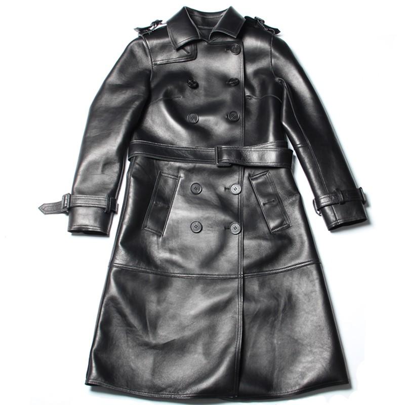 Sheepskin Office Ladies Long Jacket Belted Double Breasted Women Trench Coat Slim Fit Genuine Leather Windbreaker Outwear Women's & Faux