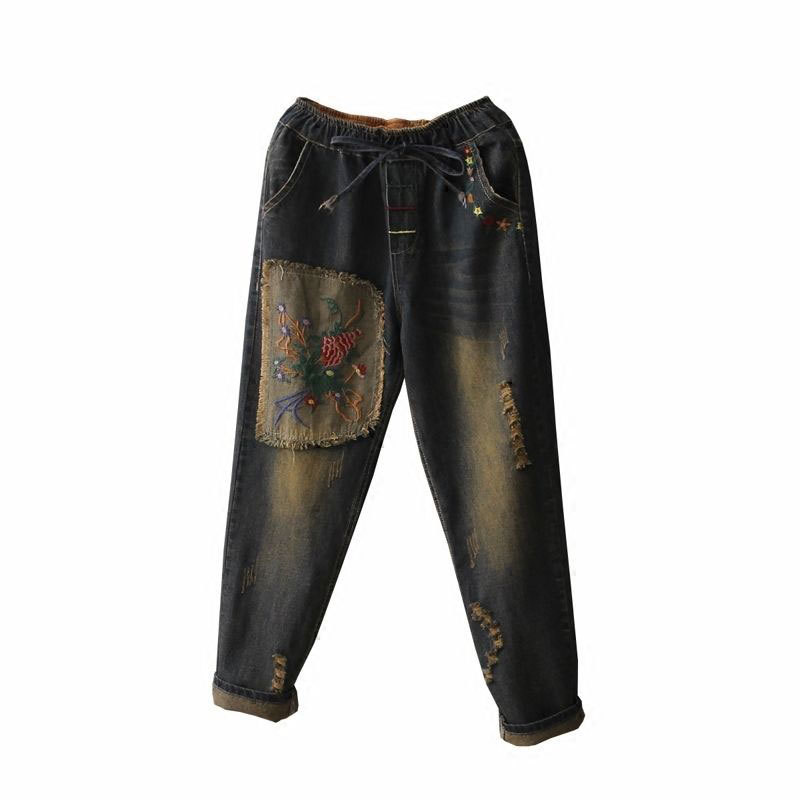 Spring Autumn Women Jeans Plus Size Elastic Waist Loose Denim Harem Pants Embroidery Vintage Ripped good quality D106 210512