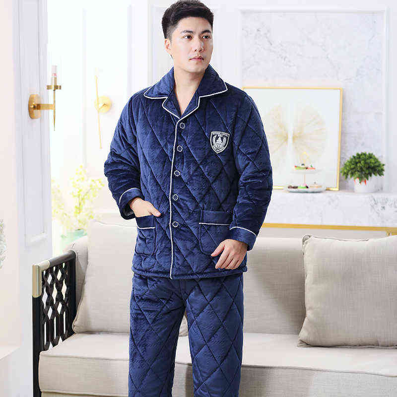 Winter Warm Thick Men Pajama Casual Pajama Sets Breathable 3 Layer Cotton Pijama Embroidery Male Pajamas 211104