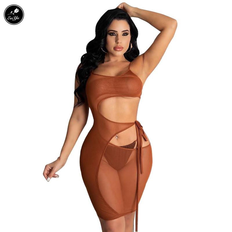 Enyu S-4XL Fashion 2021 Summer Sexy Women Black Brown Solid Mini Dress Camisole Thin Guazy See-Through Club Casual Dresses