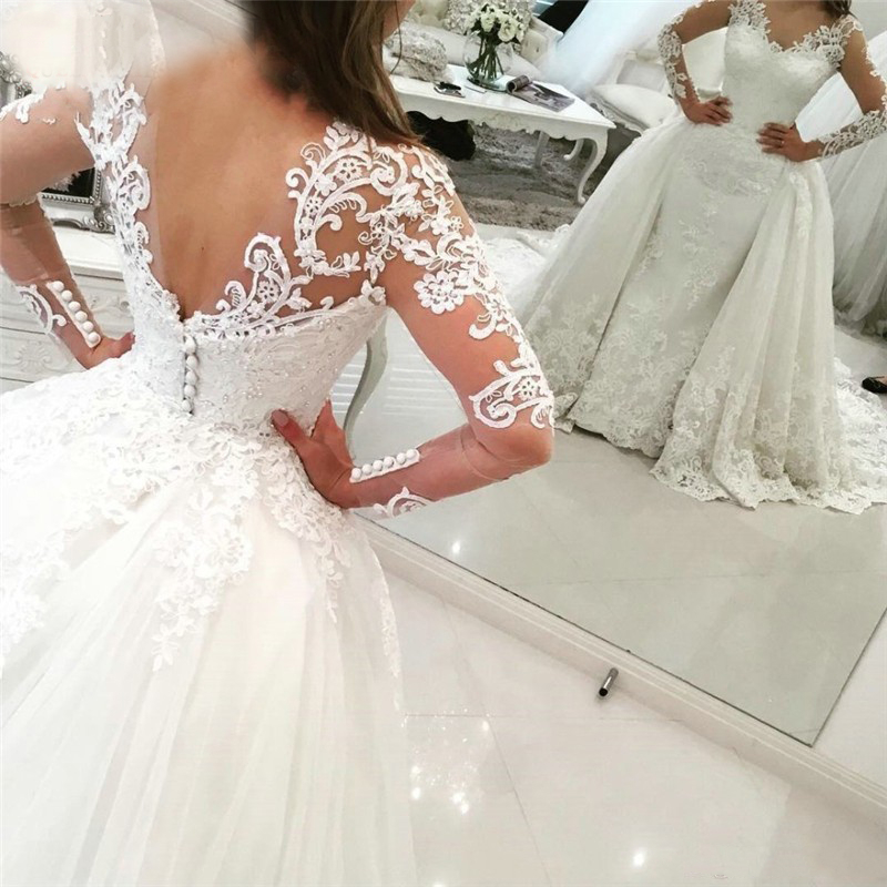 Luxury Lace Long Sleeve Mermaid Wedding Dresses Bridal Gowns with Detachable Skirt Backless Court Trains Saudi Arabic White Ivory Tulle Bride Dress ro