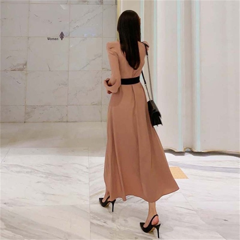 Criss-cross V-neck Bow Lace-up A-line Dress Women Autumn OL Business Dresses Sexy Elegant Ankle-length Vestidos 210519