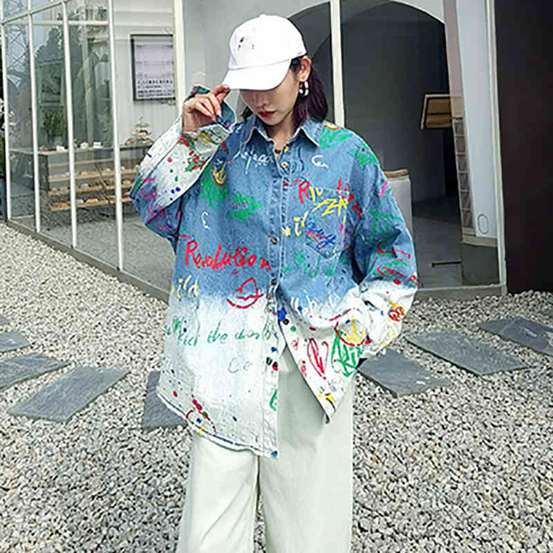 Graffiti Printed Gradient Blouse Women's Spring Lapel Large Size Single Breasted Long Sleeve Denim Shirt 210427