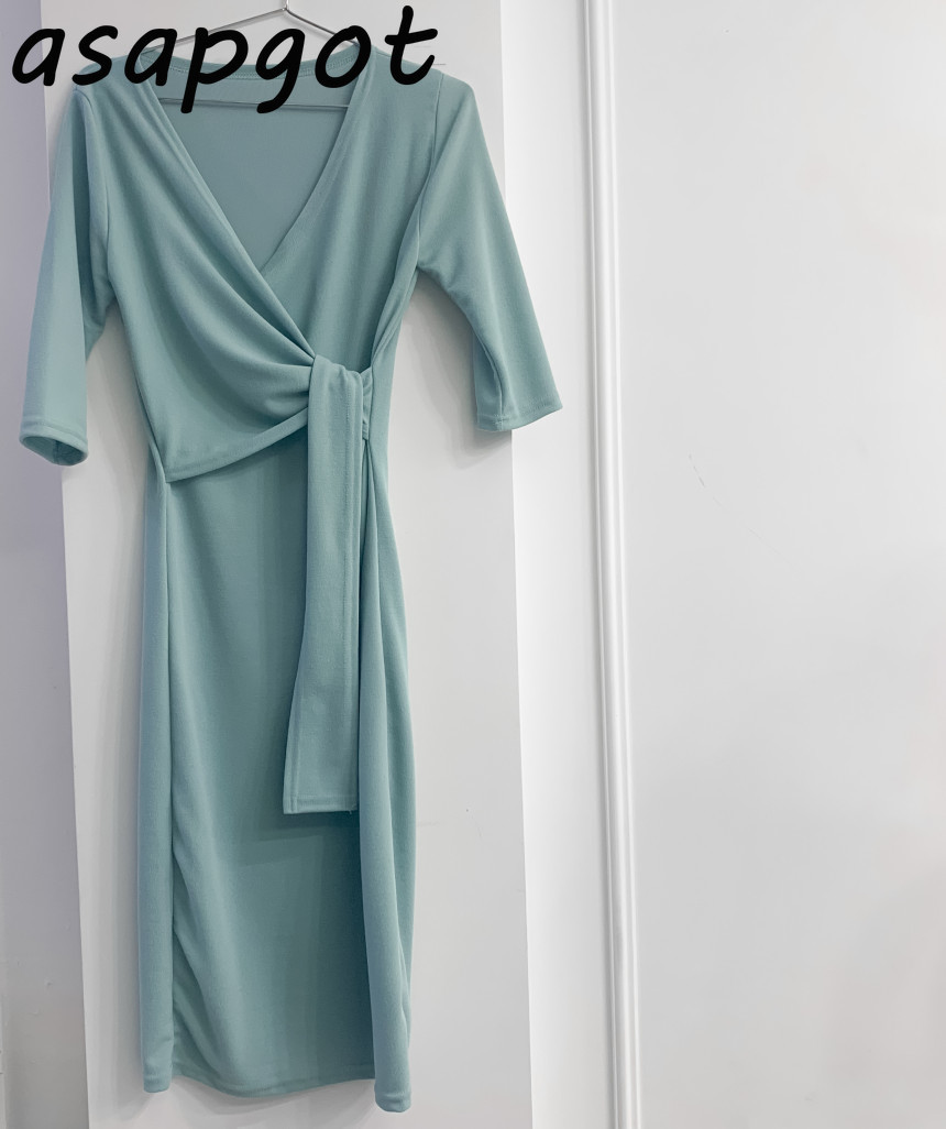 Korean Chic Gentle Elegant Slim V Neck Cross Side Lace Up Waist Bodycon Short Sleeve Knitted Dress Women Wrap Hip Vestido 210429