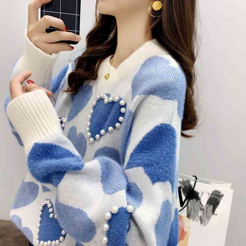 Lazy Style Foreign Loose Sweater Women Korean Version Pullover Small Fresh Pearl Plush Jacket Autumn 210427