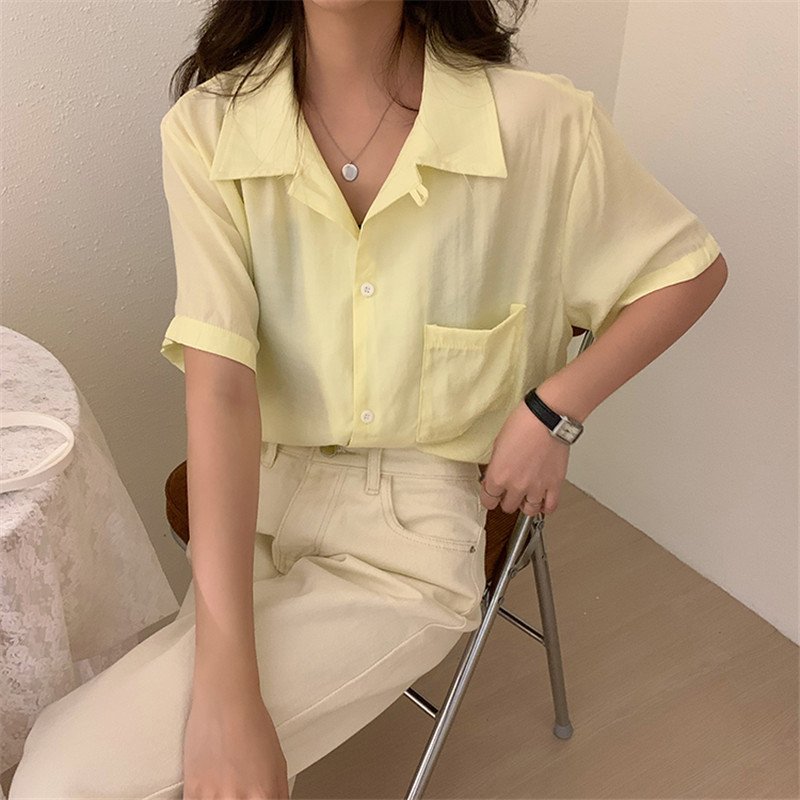 OL Chic Elegant Loose Shirt Women Summer Blouses Office Lady Wear Solid Casual Short Sleeve Outwear Tops Blusas 210421