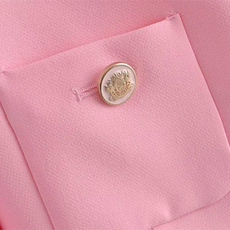 Elegant Women Pink Tweed Cropped Blazer Jacket Summer Single Breasted Double Pockets Short Sleeve Jacket Coat Chic Tops 210521