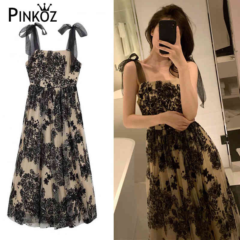 Sequin Embroidered Black Suspender Dress Female Summer Retro Temperament Hepburn Style Party Dresses Vestidos 210421