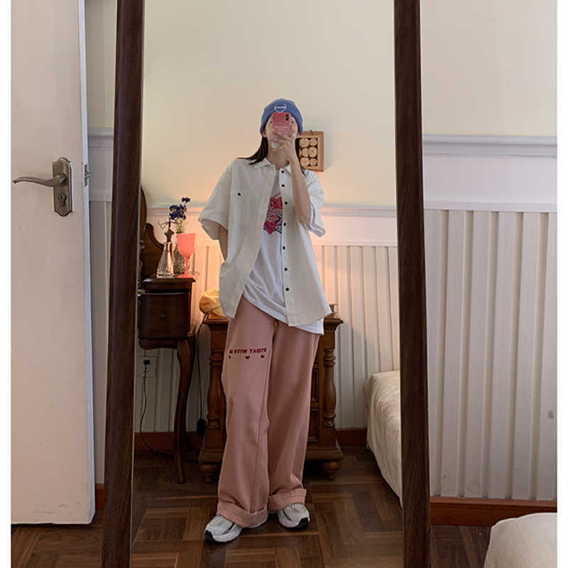 Women's Jeans Pink vintage Embroidery Streetwear High Waist Wide Leg Pants Baggy Harajuku Straight Mom Denim Trouser 210922