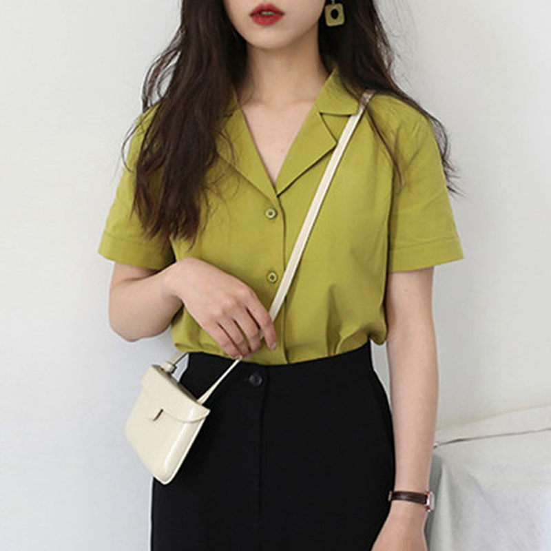 Retro Shirt for Women Simple Solid Summer Blouse Fashion Short Sleeve V Neck Office Lady White Tops Blusas Femininas 10166 210427