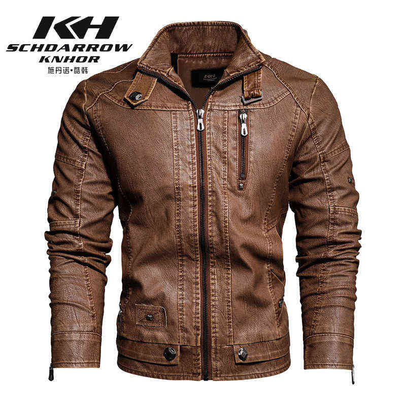 Autumn Winter Men's Motorcycle Leather Jacket Lining with Velvet Stand Collar Faded leisure Artificial Leather Coat 211111