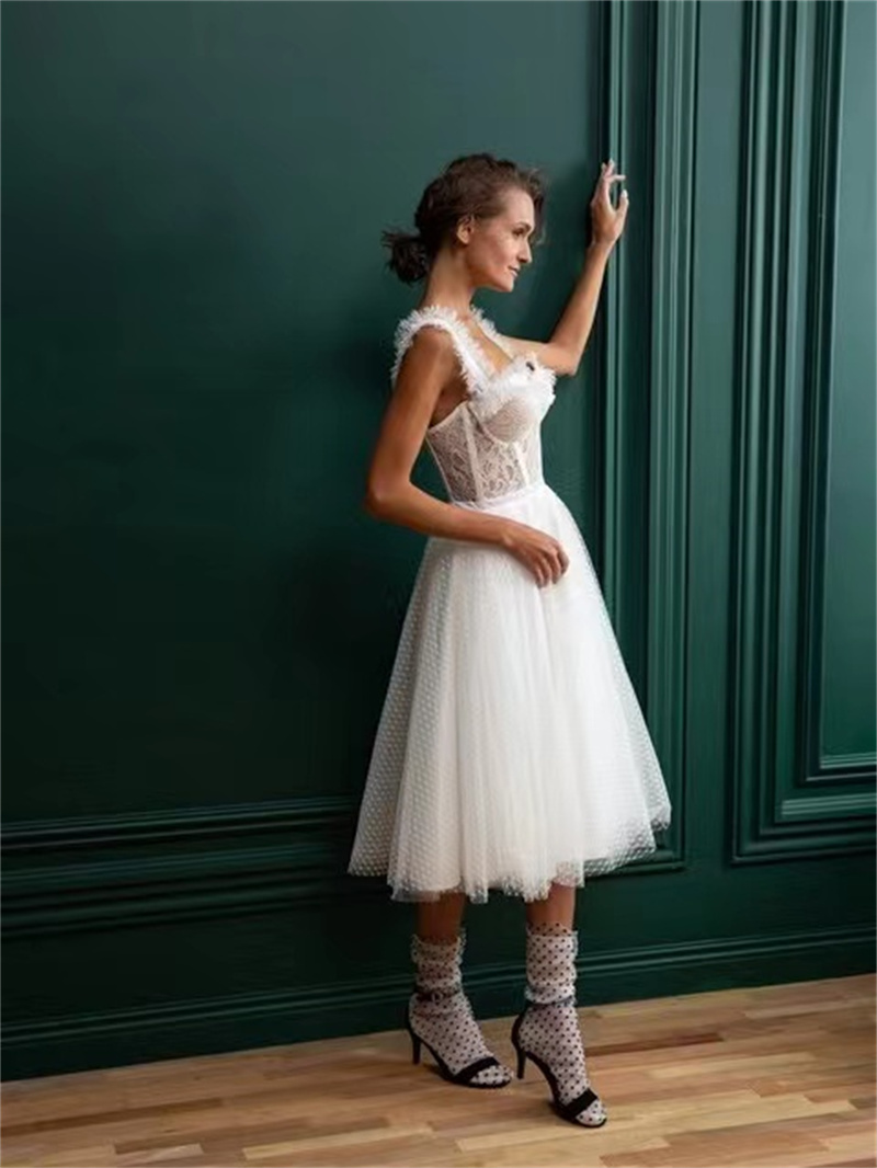 Feather Evening Dresses Lace Appliques Dots Women Prom Dress Bow Tea Length Sleeveless Off Shoulder Back Zipper Robe De Soriee