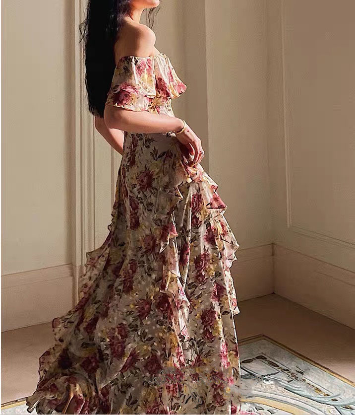 victorian flower printed slash neck sweet elegant maxi asymmetrical ruffles high quality dresses christmas 210421
