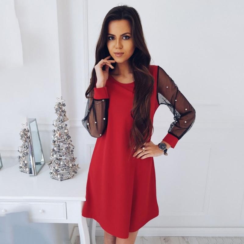 Women Fashion Puff Sleeve Mesh Beaded Slim Long Solid Colors Dress Sexy Elegant Evening Party Club Vestidos#g3 Casual Dresses