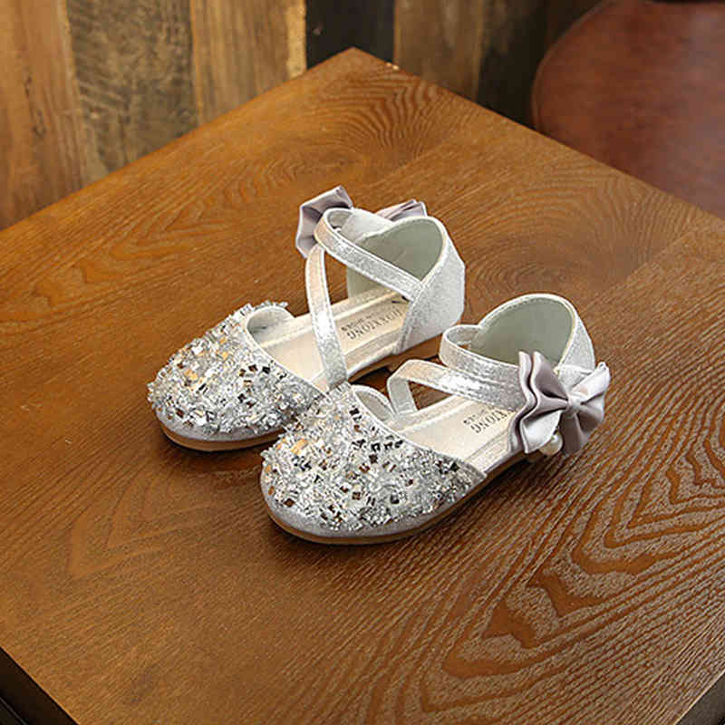 Melario New Children Leather Shoes Casual Girls Princess Flat Heel Party Shoes Fashion Sequins Bow Pearl Kids Shoes for Girls 210412
