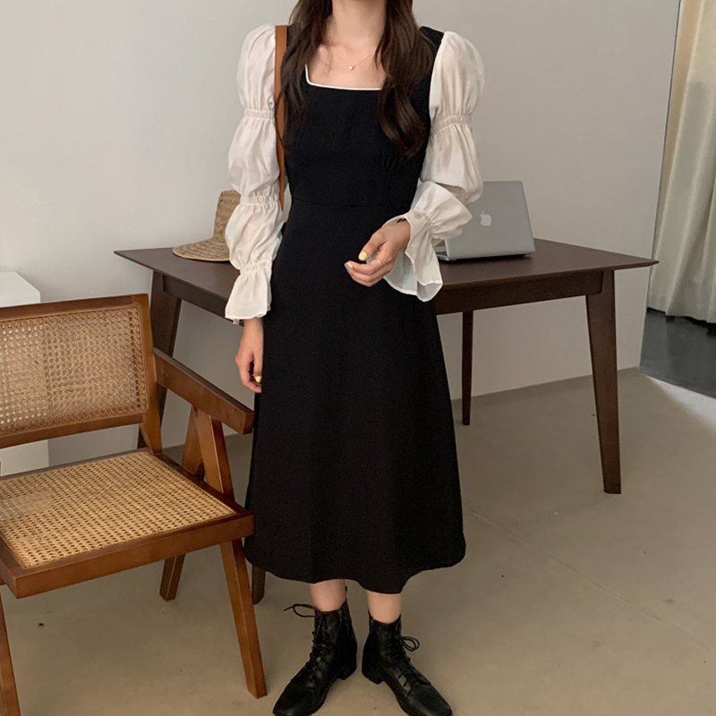 Autumn Women Vintage Dress Puff Sleeve Patch High Waist Slim Elegant Hit Color Maxi Korean Fashion Clothes 210519
