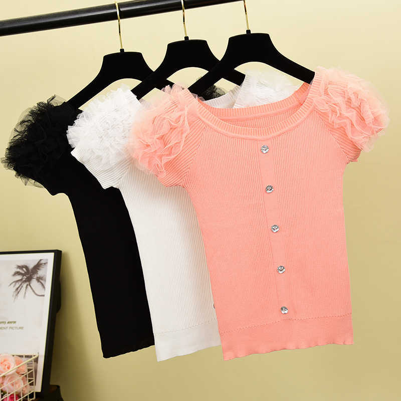 Summer Single Breasted Pullover Sweaters Fashion Women Slim Puff Knitted Tops Ladies Patchwork Lace Baisc Sweater Femme 210602
Summer Single Breasted Pullover Sweaters Fashion Women Slim Puff Knitted Tops Ladies Patchwork Lace Baisc Sweater Femme 210602