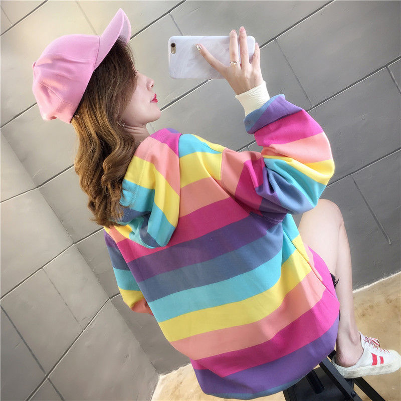 Women Colour Hoodies Oversized Casual Hood Long Sleeve Loose Sweatshirt Korean Style Rainbow Stripe Pocket Pullover Tops Autumn 210522
