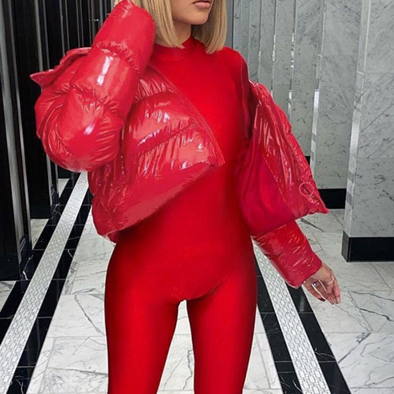 Women's Jackets Crop Bubble Puffer Winter Jacket Coats Faux Patent Leather Warm Long Sleeve Women Outerwear Zipper Casual Solid Parkas