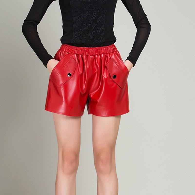 High Quality Comfort Female Shorts Sheepskin Leather Elastic Waist Casual Trousers Straight OL Korean Fashion Woman Red Pantalon Women's