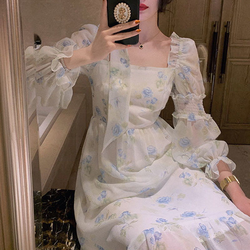Dress Korea Fairy Floral Midi Women Puff Sleeve Elegant Vintage Female Party Office Lady Summer 210521