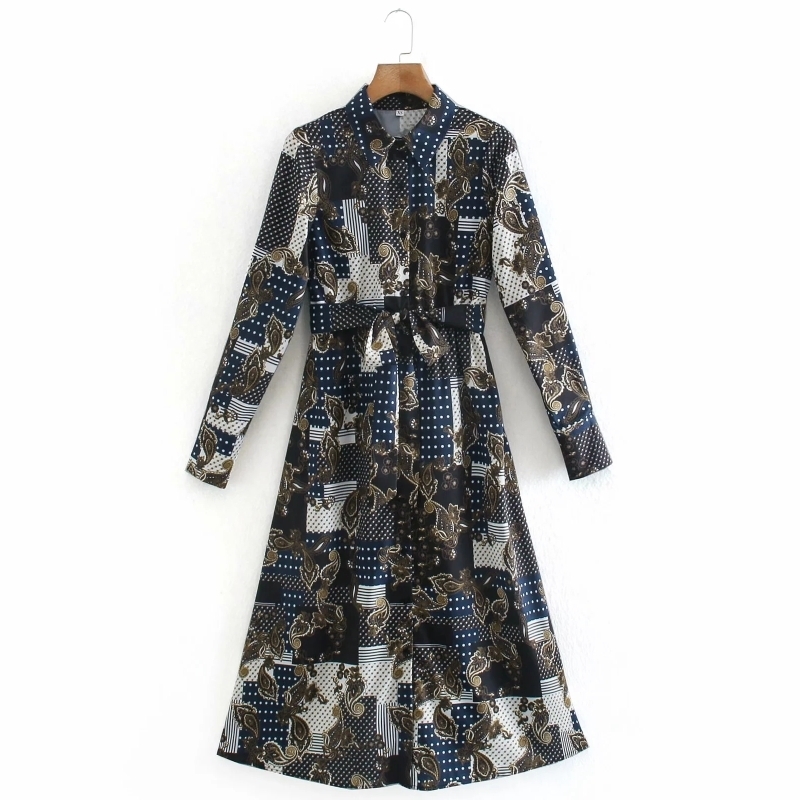 Women Vintage Patchwork Printing Sashes Midi Shirt Dress Female Long Sleeve Clothes Casual Lady Loose Vestido D6911 210430Z