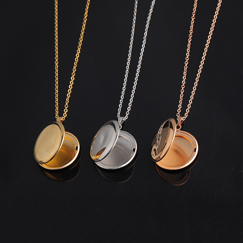 Round Shaped Photo Frame Pendant Necklace Gold Silver Color Stainless Steel Picture Locket Pendant Necklace Couple Jewelry Gifts
