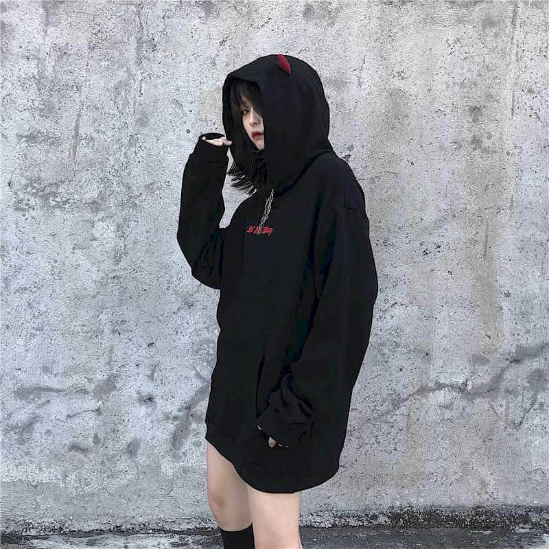 Hooded sweater women autumn and winter Korean version dark little devil wings letter embroidery top loose plus velvet sweatshirt 210526