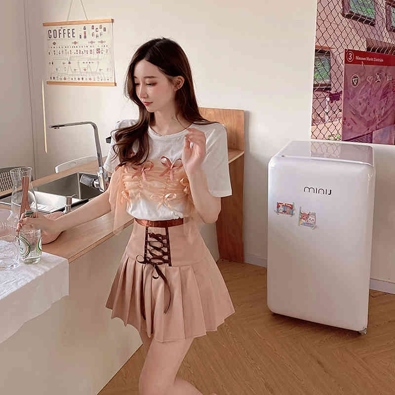 Summer Women 2 Piece Set Elegant Sweet Bow Mesh Patchwork T-Shirt + High Waist Mini Pleated Female Student Suit 210519