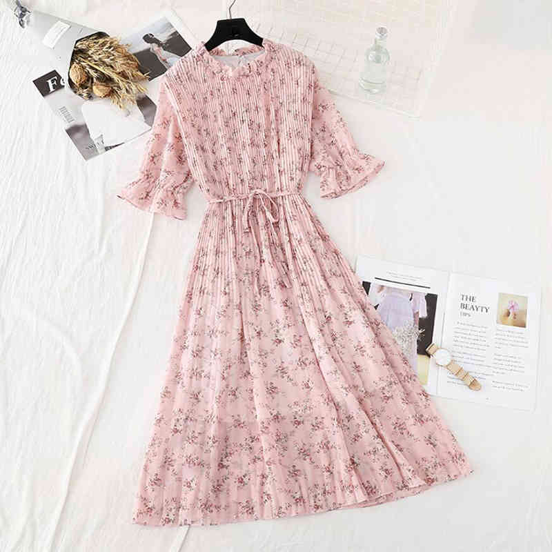 Summer Chiffon Midi Dress Korean Floral Printing Ruffles Dresses Casual Short Sleeve Pleated Hem Elegant Party Vestidos 210521