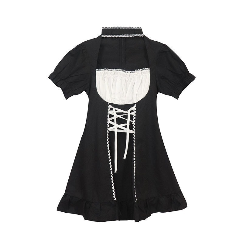 QWEEK Women's Maid Dress Kawaii Lolita Outfit French Maid Costumes Cosplay Bandage Dress Sexy Waitress Dress Puff Sleeve Uniform 210331