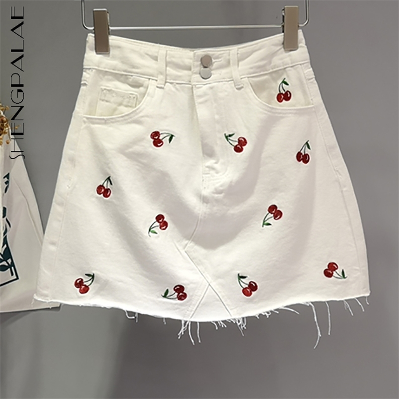 Cherry Embroidery High Waist Skirt Women's Summer White Mini Streetwear Denim Female Tide 5E202 210427
