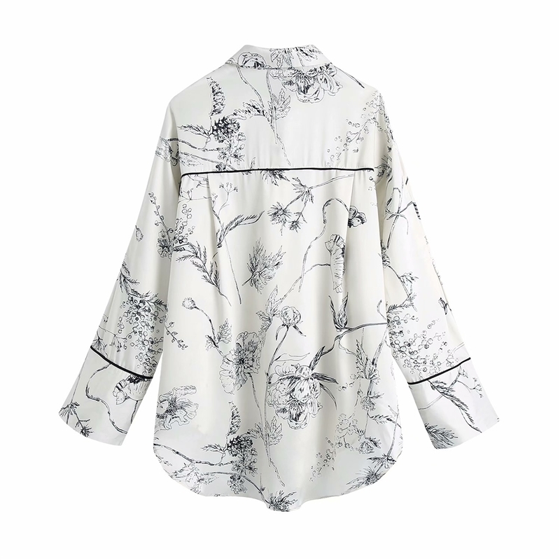 Elegant Women Sketch Print Shirts Fashion Ladies Turn Down Collar Satin Tops Streetwear Female Chic Loose Blouses 210430