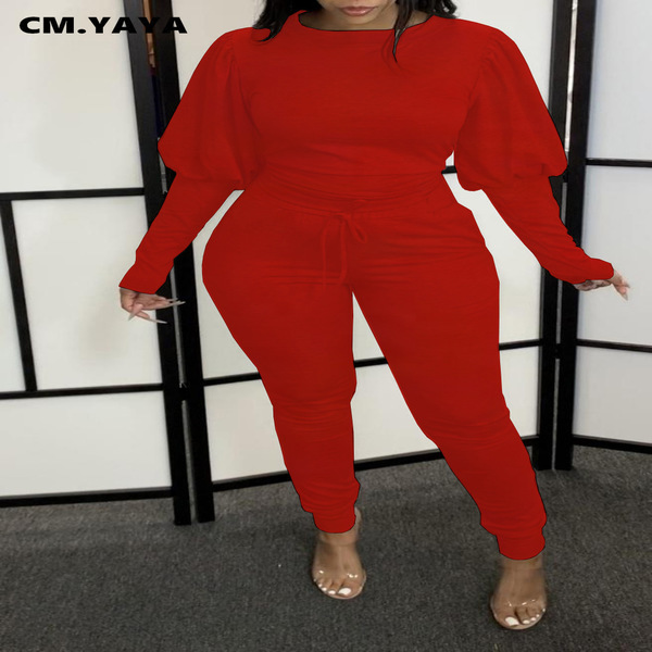 CM.YAYA Sport Sweatsuit Women's Set Lantern Long Sleeve Sweatshirt Jogger Pant Set Active Tracksuit Two Piece Fitness Outfit Y0625