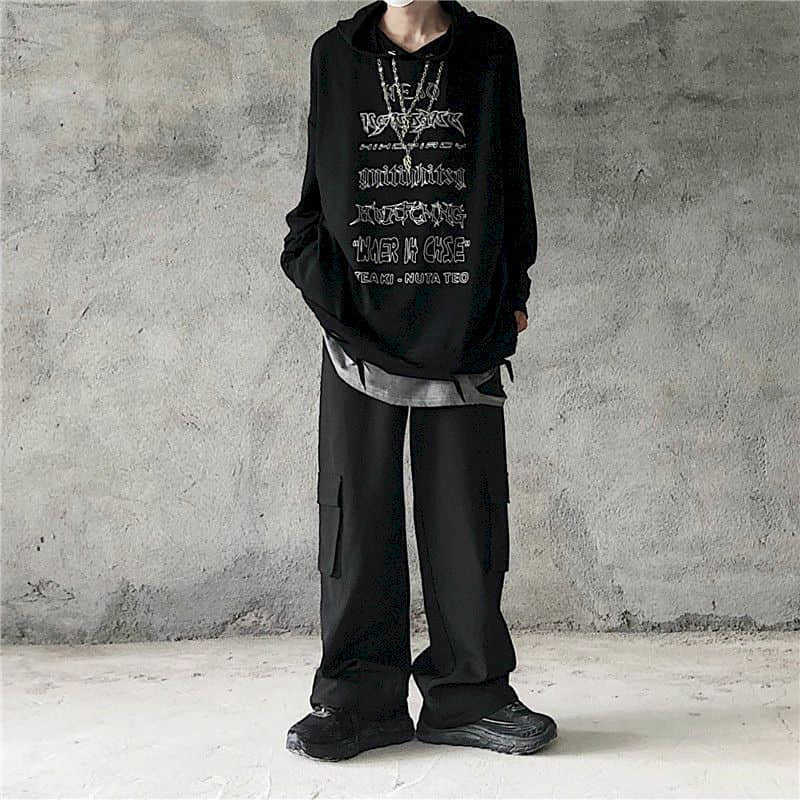 Autumn and winter Korean trend dark high street hip-hop letter necklace hole hooded sweater male female student shirt 210526