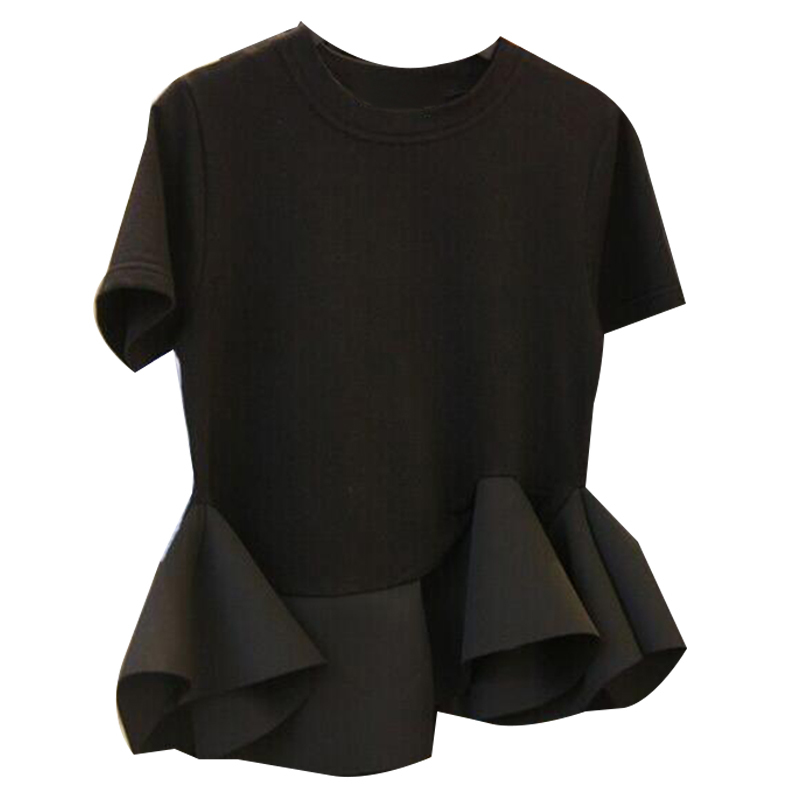 Black Stitching Ruffled Short-Sleeved T-Shirt Women's Summer Dress New Korean Office Lady Student Chic Tees GD007 210406