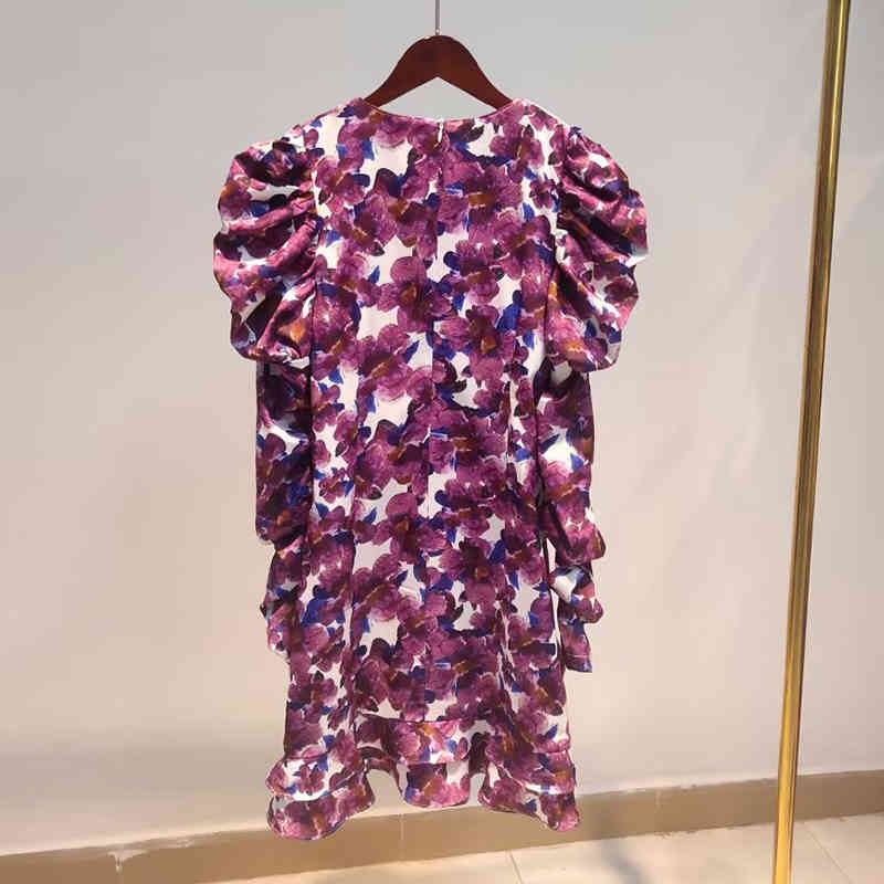 VGH Sexy Slim Ruched Dress For Women V Neck Puff Long Sleeve High Waist Print Hit Color Vintage Dresses Female Spring New 210421