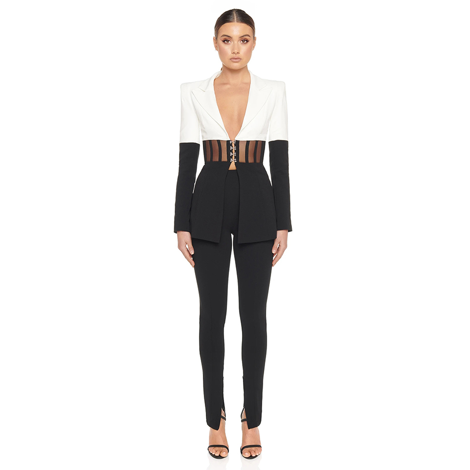 Winter Women Patchwork V Neck Lace 2 Two Pieces Sets Sexy Long Sleeve & Full Pants Club Party Evening Casual 210423