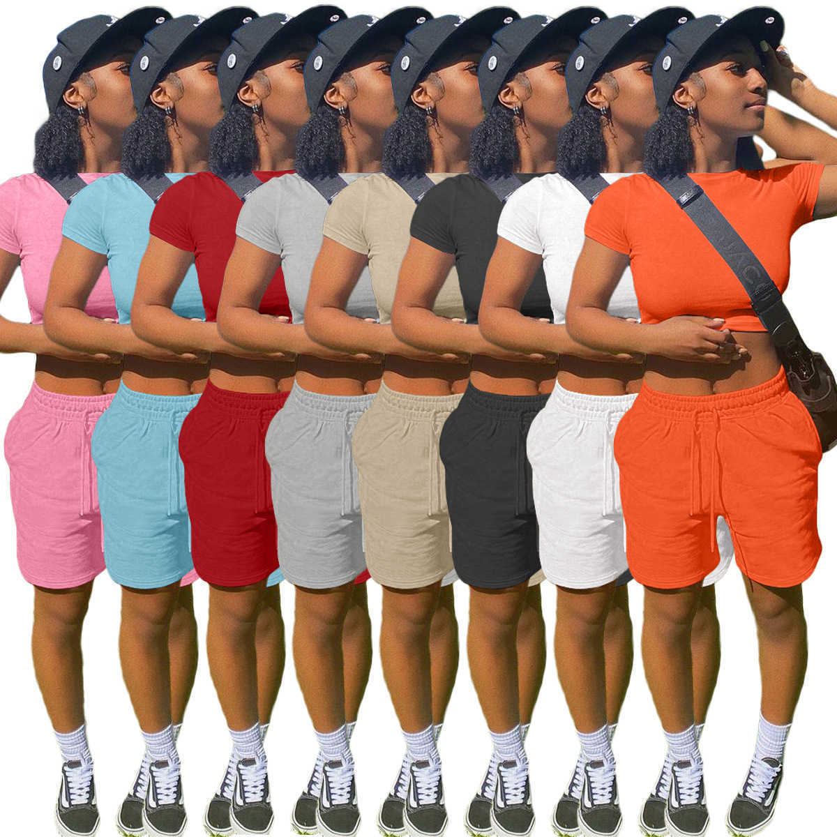 2022 Summer Women Two Pieces Pants Set Designer Tracksuits Solid Color Sexy Short Sleeve T Shirt Shorts With Pocket Yoga Outfits Plus Size, Gray 
2022 Summer Women Two Pieces Pants Set Designer Tracksuits Solid Color Sexy Short Sleeve T Shirt Shorts With Pocket Yoga Outfits Plus Size, Gray