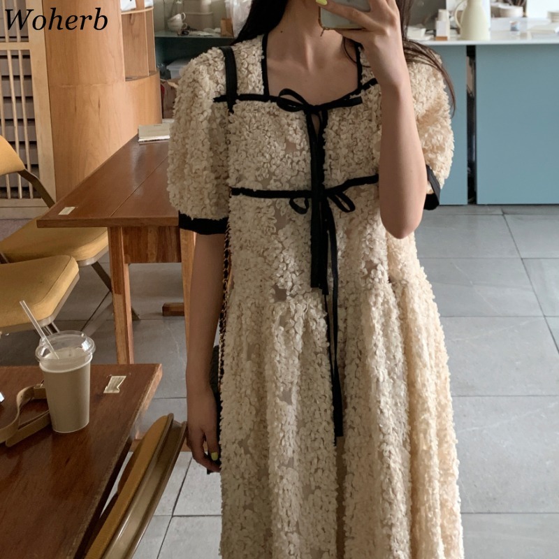 Square Collar Vintage Dress Women Summer Korean Robe Crochet Floral Lace Up Vestidos Mujer Chic Elegant Maxi Dresses 210519