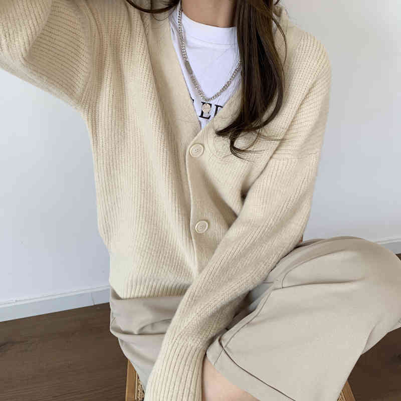 Autumn OL All Match Gentle Solid Knitted Chic Sweaters Loose V-neck Elegance Cardigans Thicken Warm Clothe Tops 210421