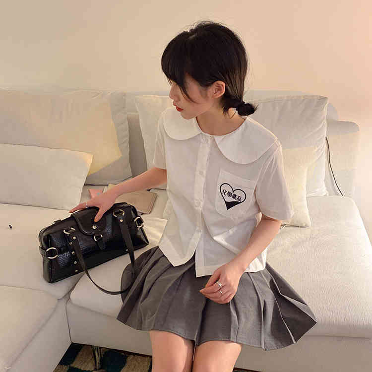 korean style embroidery Pocket short sleeve blouse women White blouses loose summer tops (F4299) 210423
